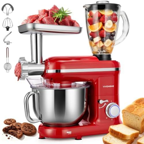 Red 3-in-1 6-quart tilt-head mixer