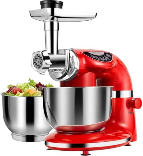 Red stand mixer with two bowls