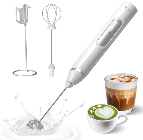 White handheld milk frother with stand